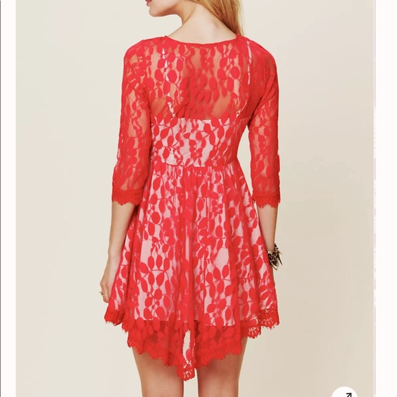 Free People Red Floral Lace Mesh Dress size 8 - Picture 3 of 16
